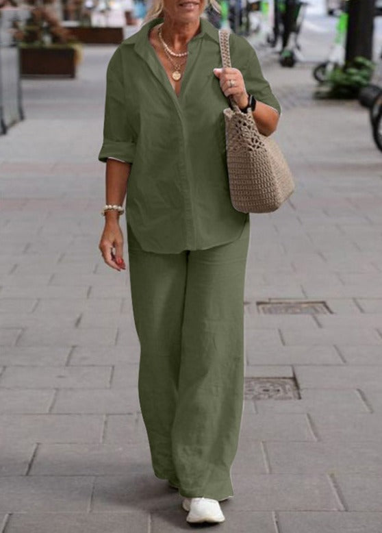 Denice™ Elegant Casual Two Piece Set | Relaxed Button-Up Top and Wide-Leg Trousers