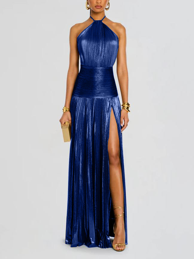 Trendy Metallic Plissé Halter Gown