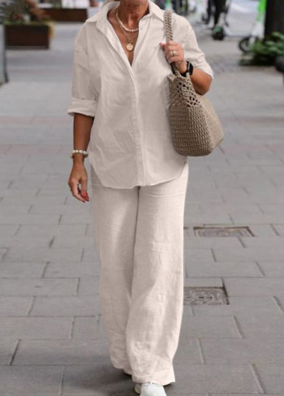 Denice™ Elegant Casual Two Piece Set | Relaxed Button-Up Top and Wide-Leg Trousers