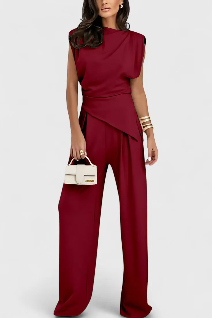 Diann™ Elegant Two-Piece Set | Draped Top and Wide-Leg Trousers
